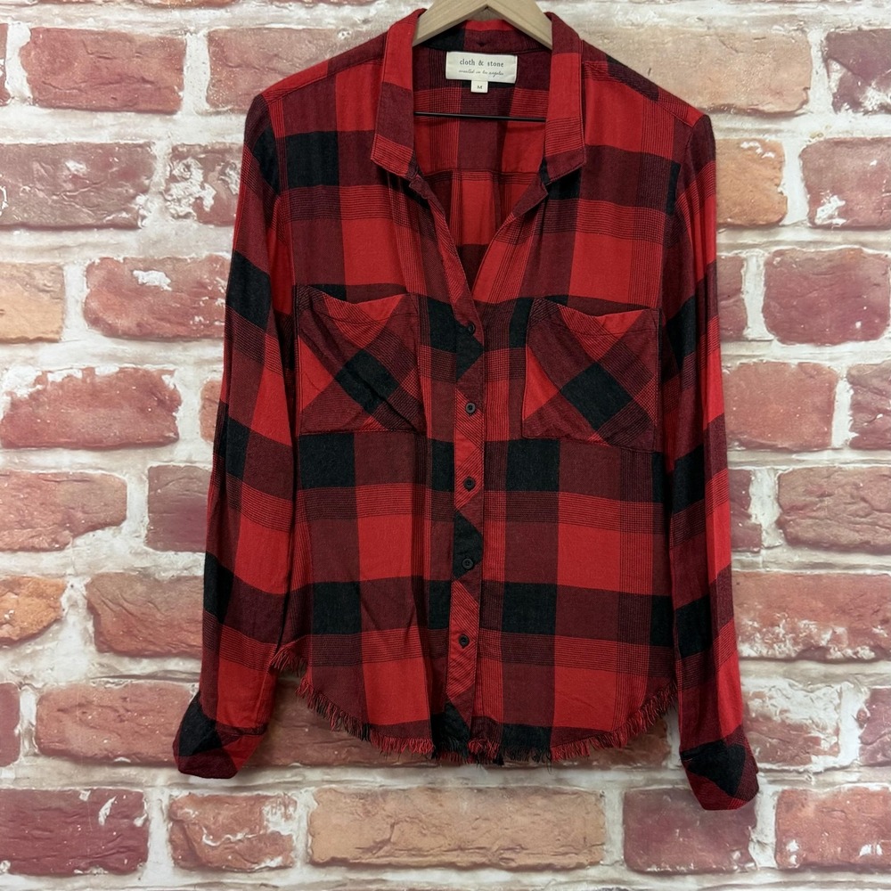 Anthropologie Cloth & Stone Top Women's M Red Plaid Flannel Fringe Trim Shirt